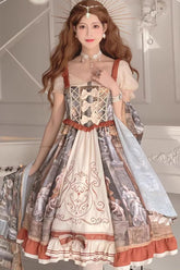 Impression de peinture à l'huile multicolore Constantine avec nœud papillon classique vintage robe princesse Lolita